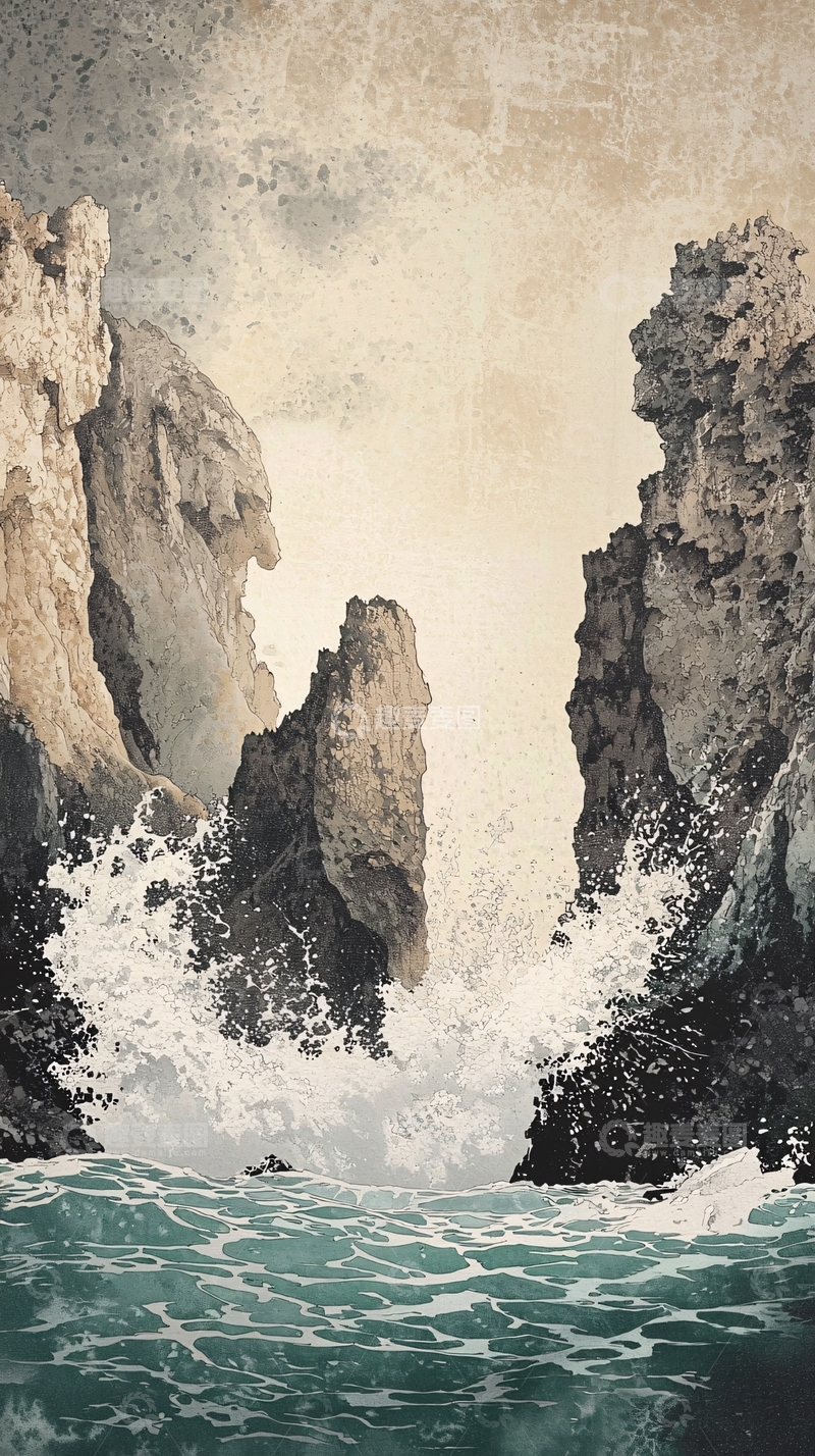 高清大图下载【趣麦麦图】巨浪拍击峡谷岩石