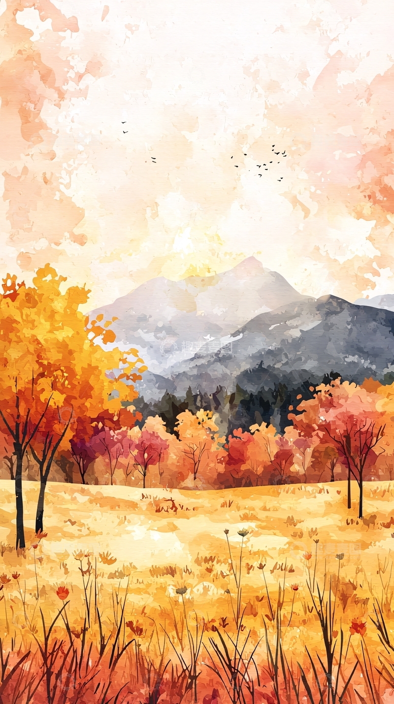 高清大图下载【趣麦麦图】秋日山峦水彩画