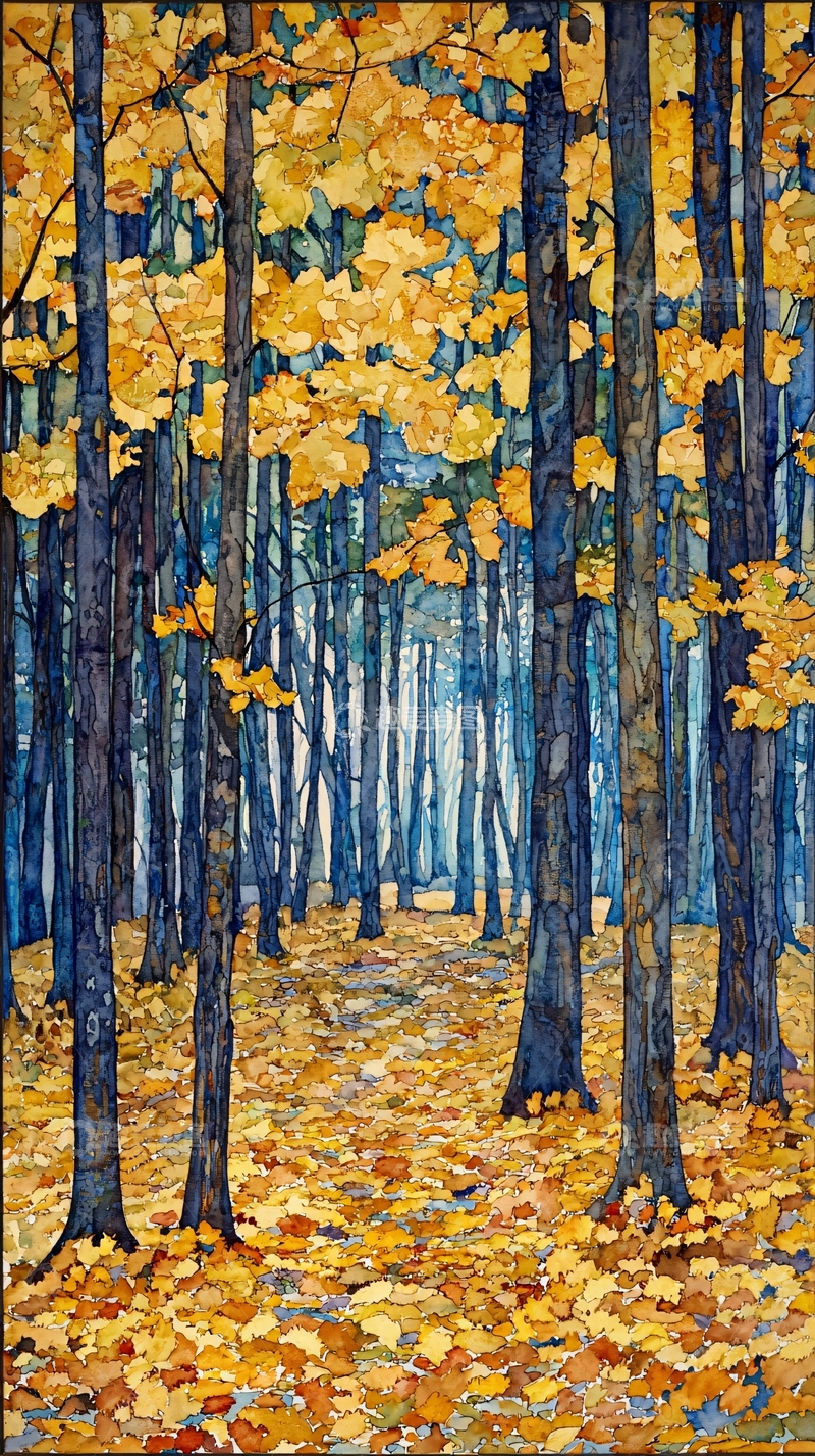 高清大图下载【趣麦麦图】秋日森林蓝树黄叶