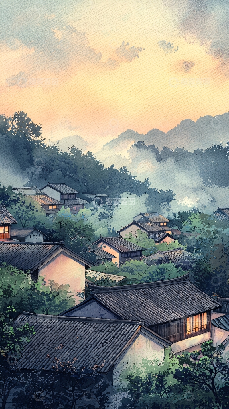 高清大图下载【趣麦麦图】山间清晨小镇