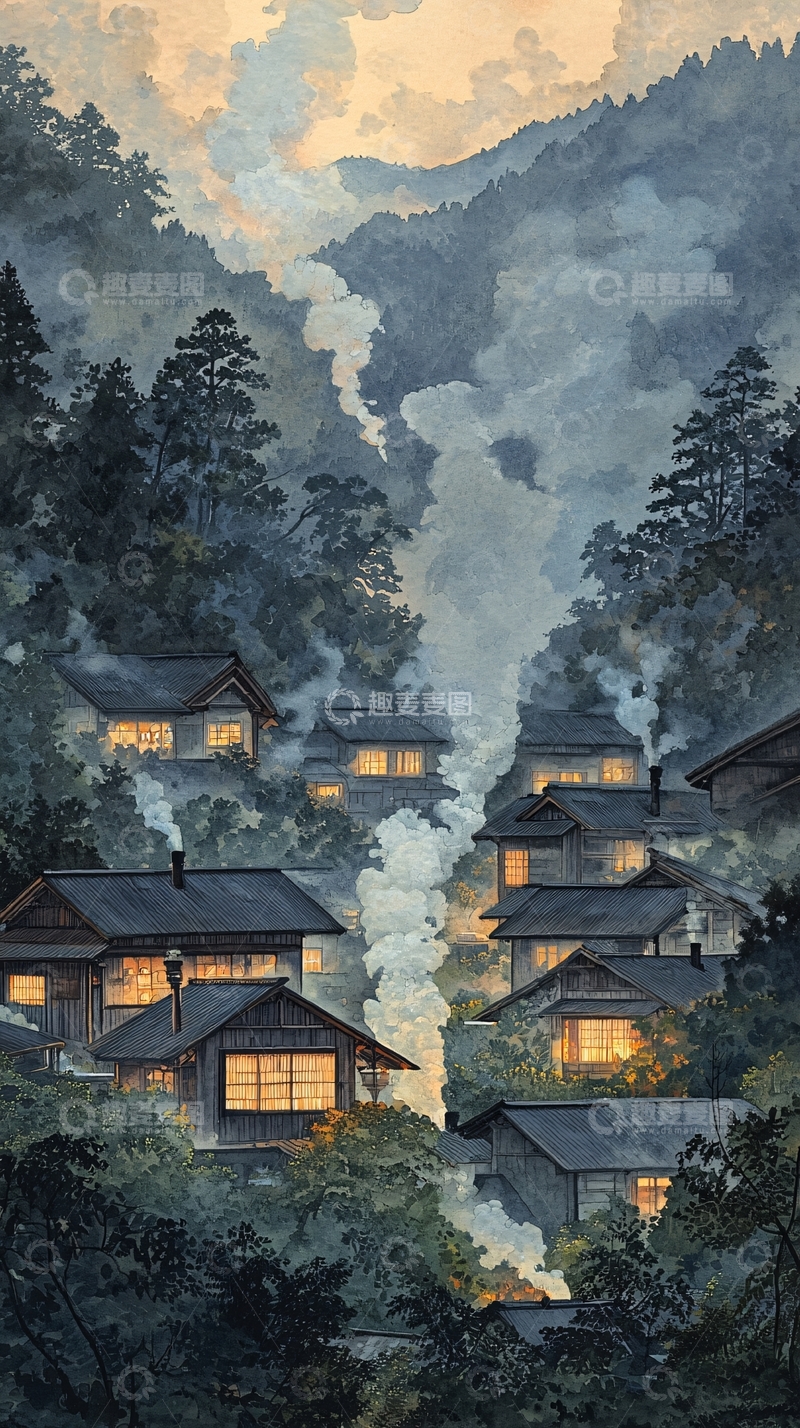 高清大图下载【趣麦麦图】山间小镇夜景