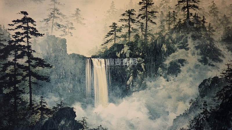 高清大图下载【趣麦麦图】雾气缭绕的瀑布森林