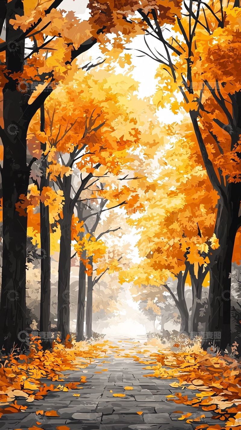高清大图下载【趣麦麦图】秋日金黄树林小路