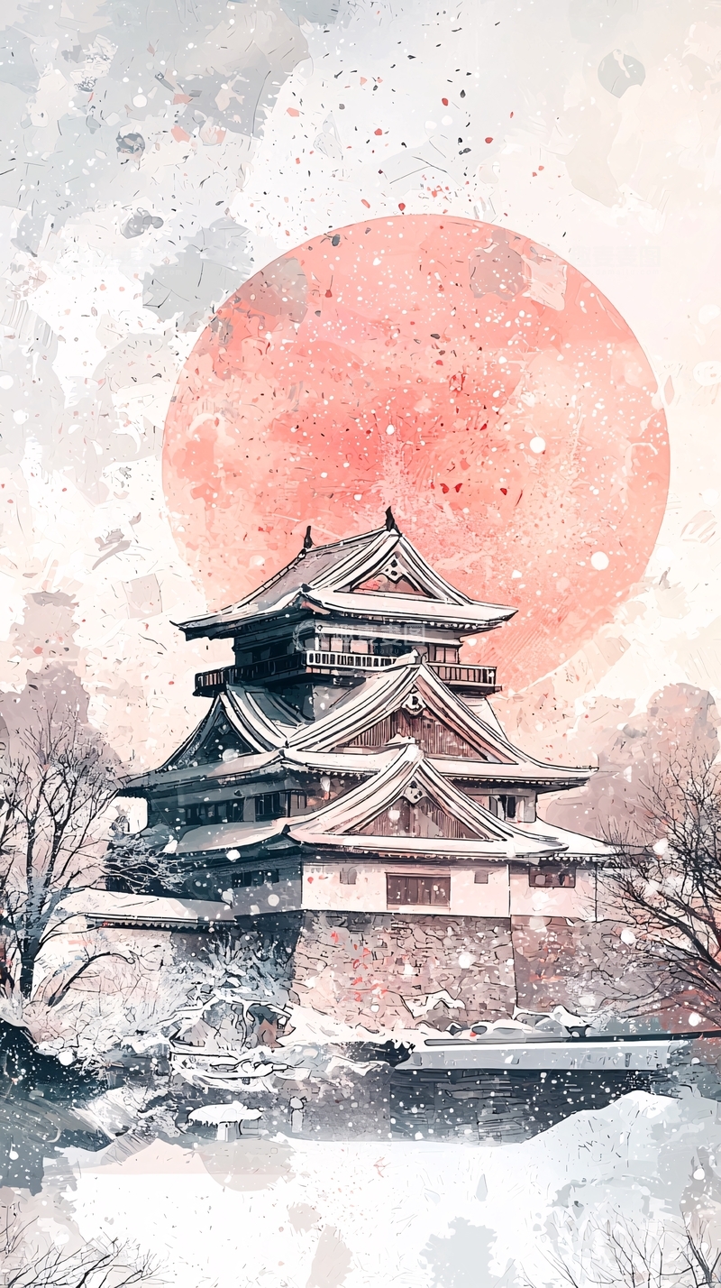 高清大图下载【趣麦麦图】水墨日式城堡雪景
