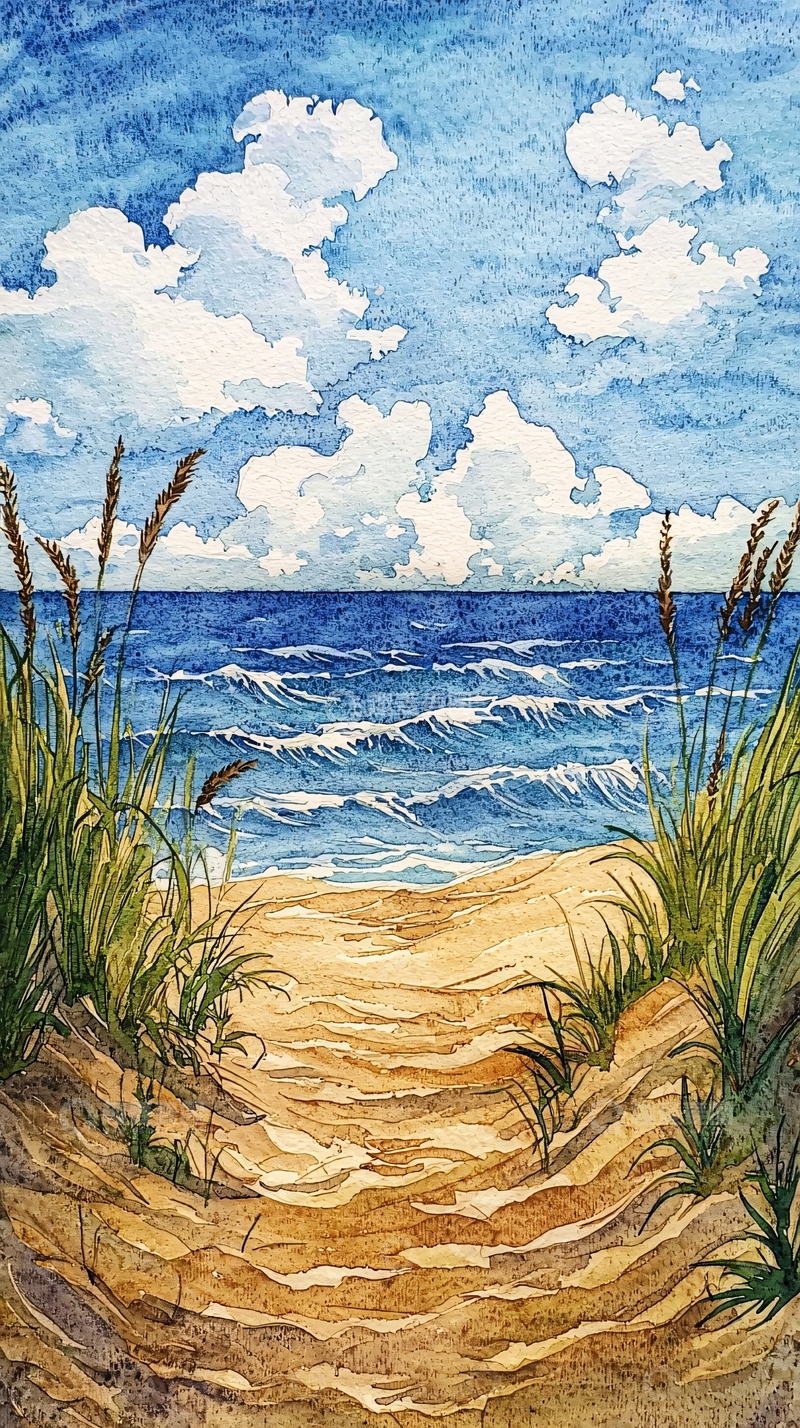 高清大图下载【趣麦麦图】水彩海滩风景7