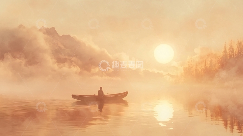 高清大图下载【趣麦麦图】雾气清晨湖面独木舟