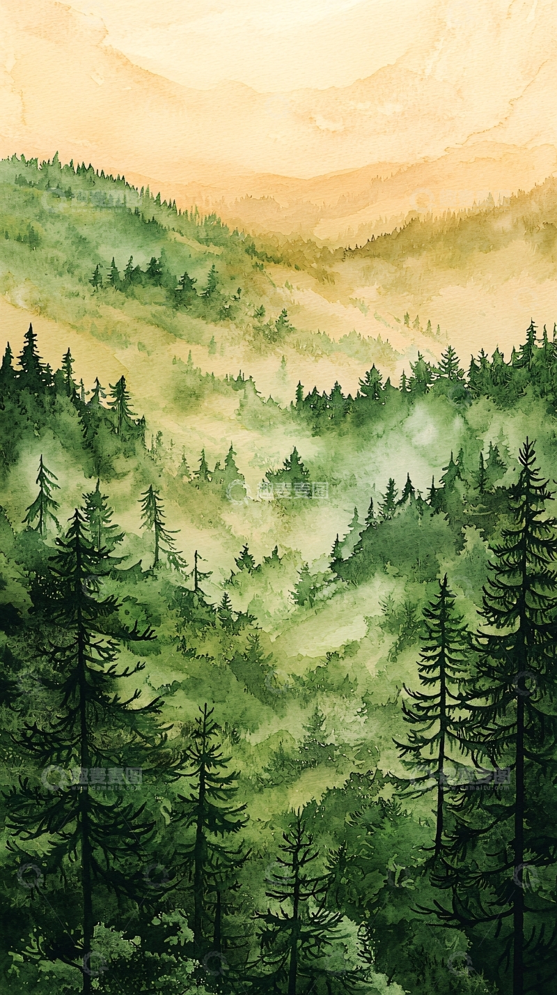 高清大图下载【趣麦麦图】水彩画山峦