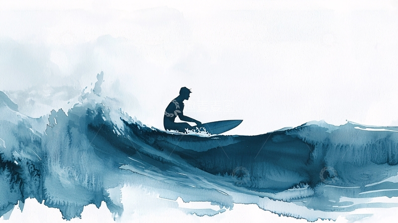 高清大图下载【趣麦麦图】冲浪者海浪水彩画