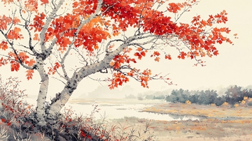 秋日红叶白桦树风景画