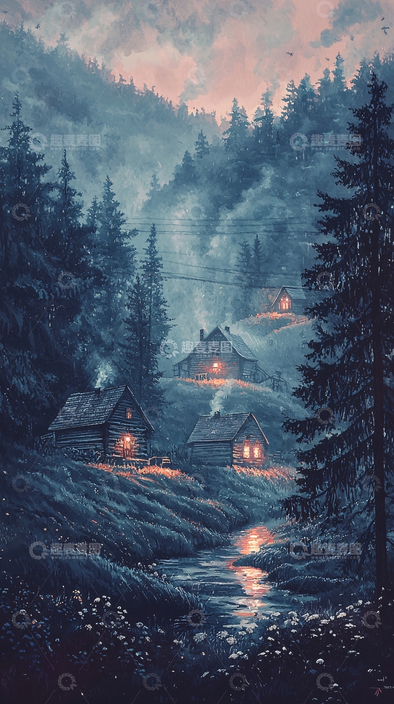 高清大图下载【趣麦麦图】山间小屋夜景