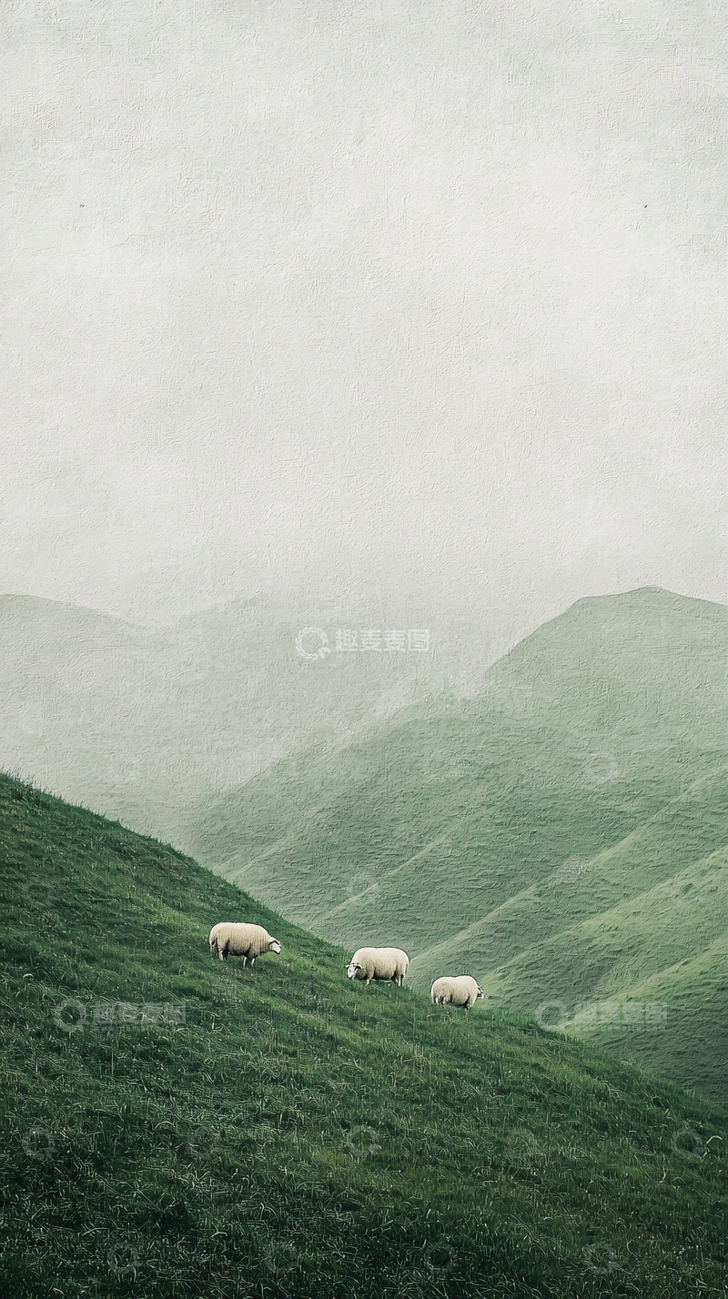 高清大图下载【趣麦麦图】三只绵羊在绿山上吃草