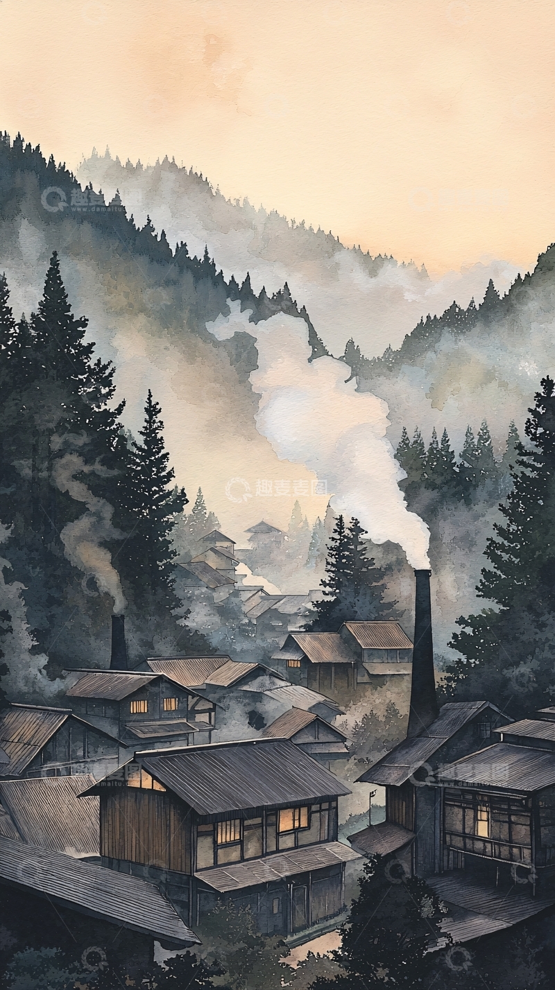 高清大图下载【趣麦麦图】山村清晨薄雾缭绕