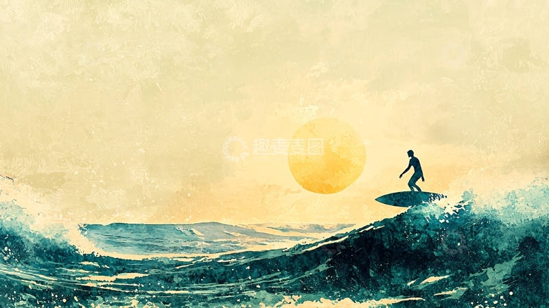 高清大图下载【趣麦麦图】日落冲浪者剪影