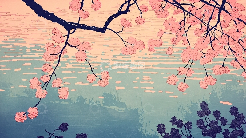 高清大图下载【趣麦麦图】粉嫩樱花枝头垂落水面