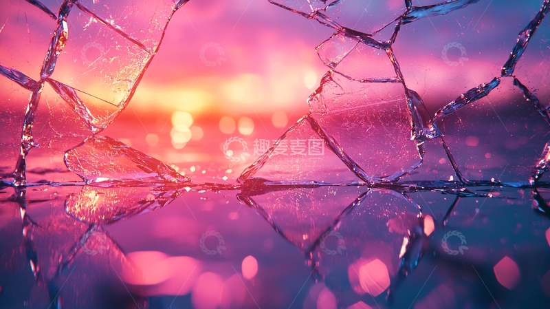高清大图下载【趣麦麦图】破碎玻璃映衬粉色天空
