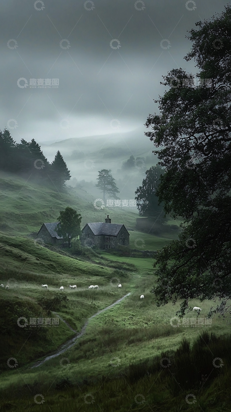 高清大图下载【趣麦麦图】雾气缭绕的山谷小屋