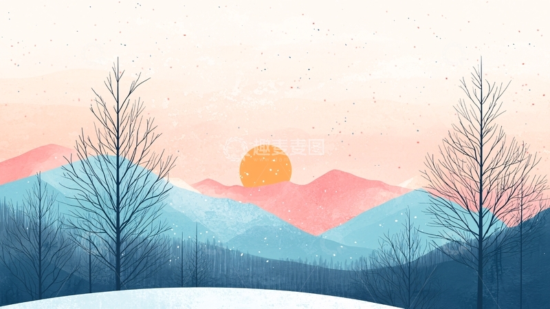 高清大图下载【趣麦麦图】冬日雪山日落风景画