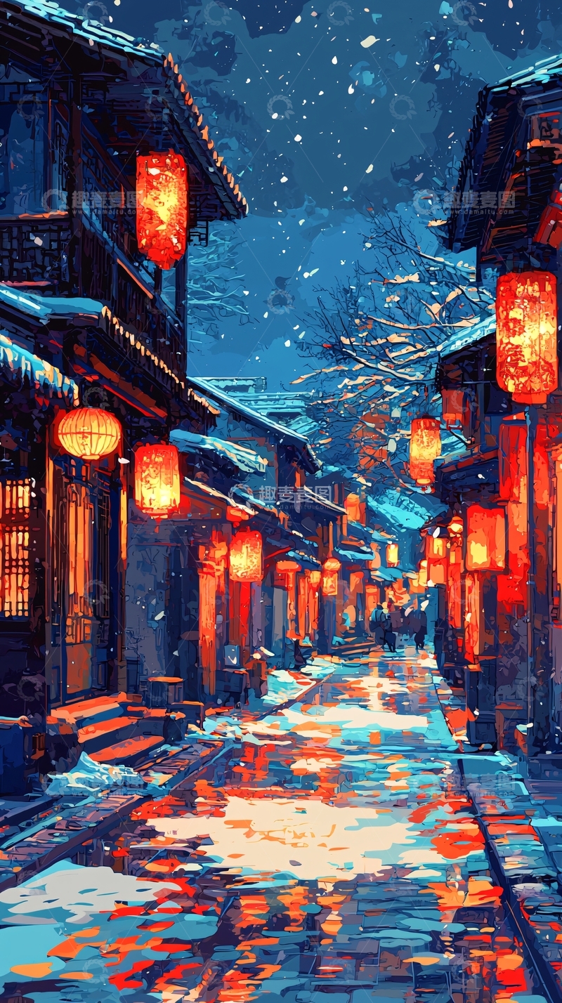 高清大图下载【趣麦麦图】冬夜古镇雪景