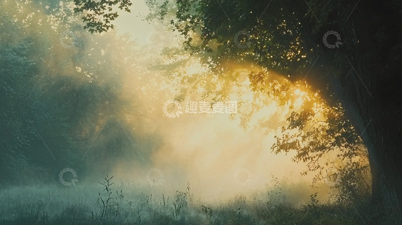 高清大图下载【趣麦麦图】清晨森林雾气阳光