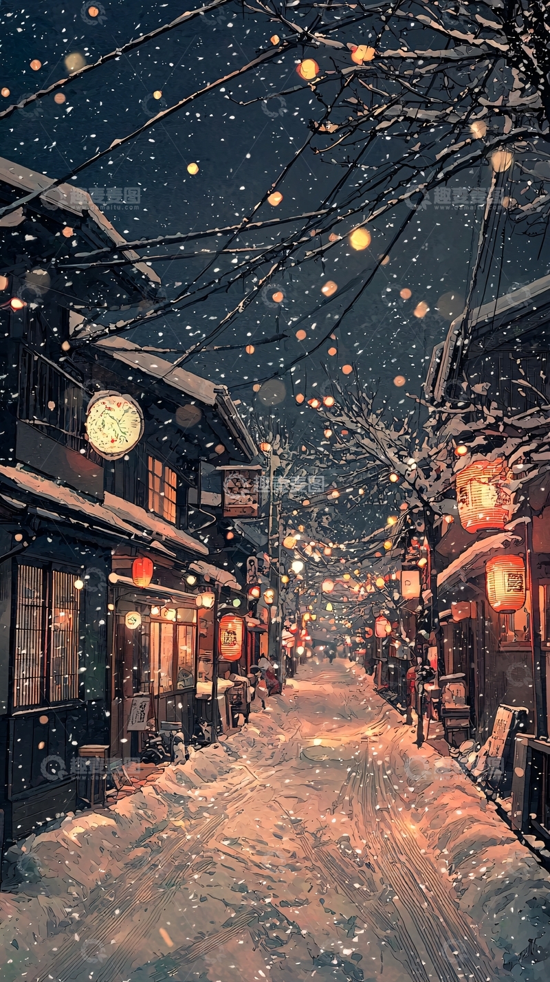 高清大图下载【趣麦麦图】冬夜雪景街道