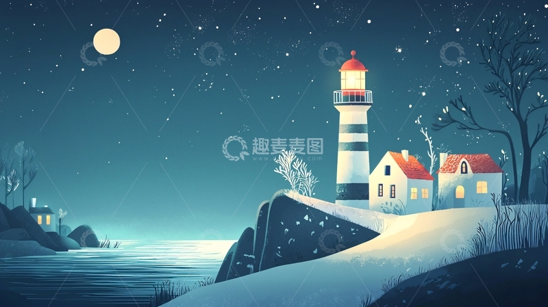 高清大图下载【趣麦麦图】夜晚海边灯塔小屋