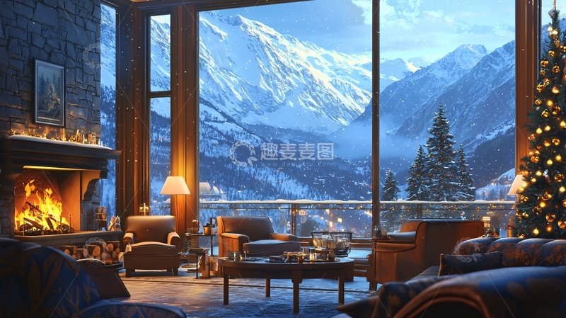 高清大图下载【趣麦麦图】雪山旁的温暖小屋