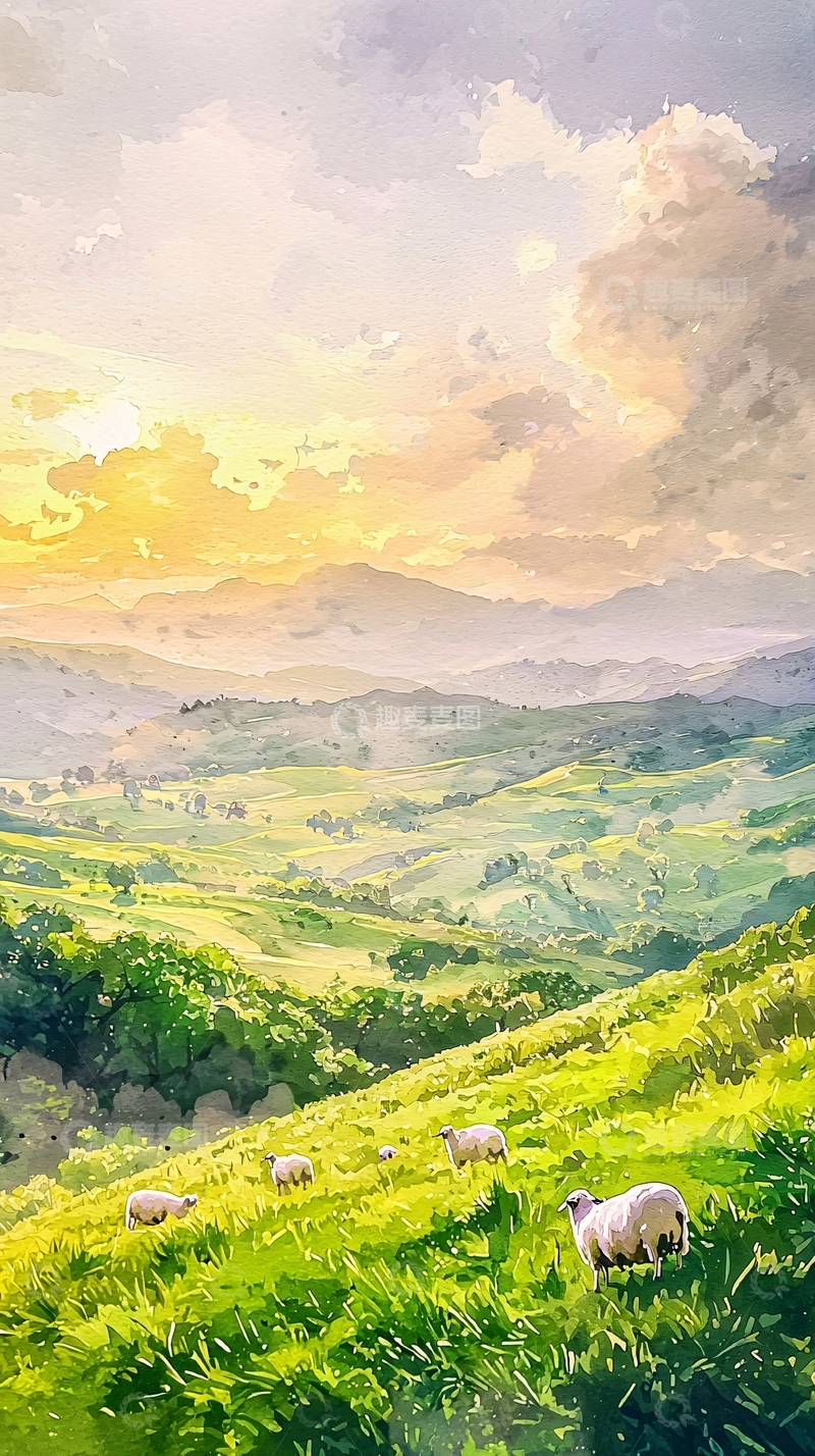 高清大图下载【趣麦麦图】夕阳下绵羊在山坡上吃草