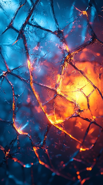 蓝橙色冰裂纹的特写