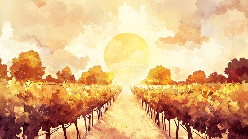 高清大图下载【趣麦麦图】落日余晖下的葡萄园
