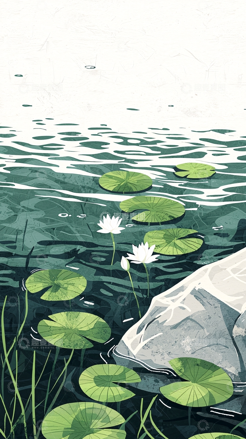 高清大图下载【趣麦麦图】水面睡莲岩石
