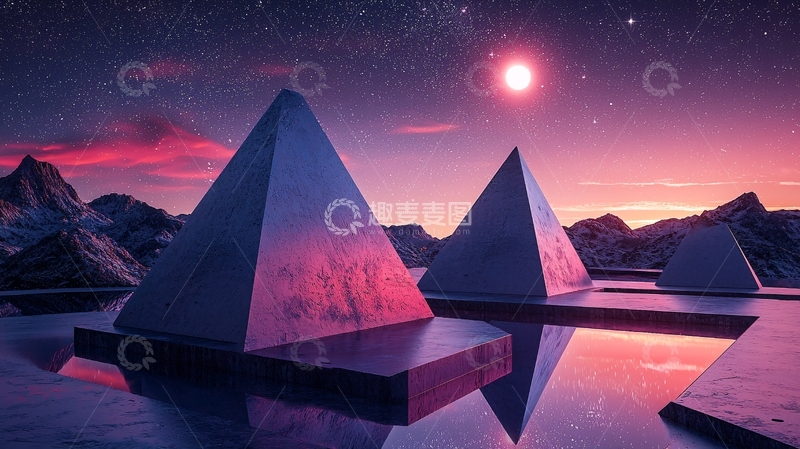 高清大图下载【趣麦麦图】梦幻星空下紫色金字塔
