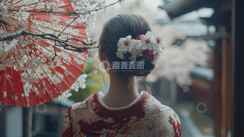 高清大图下载【趣麦麦图】樱花季和服女子背影