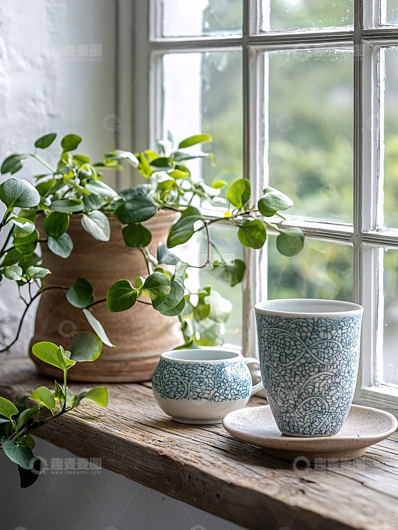 高清大图下载【趣麦麦图】窗边植物与陶瓷杯