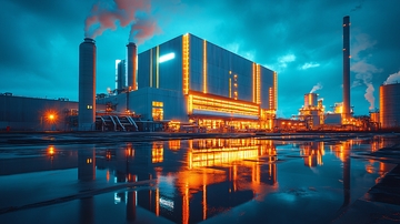 夜间工业建筑的倒影