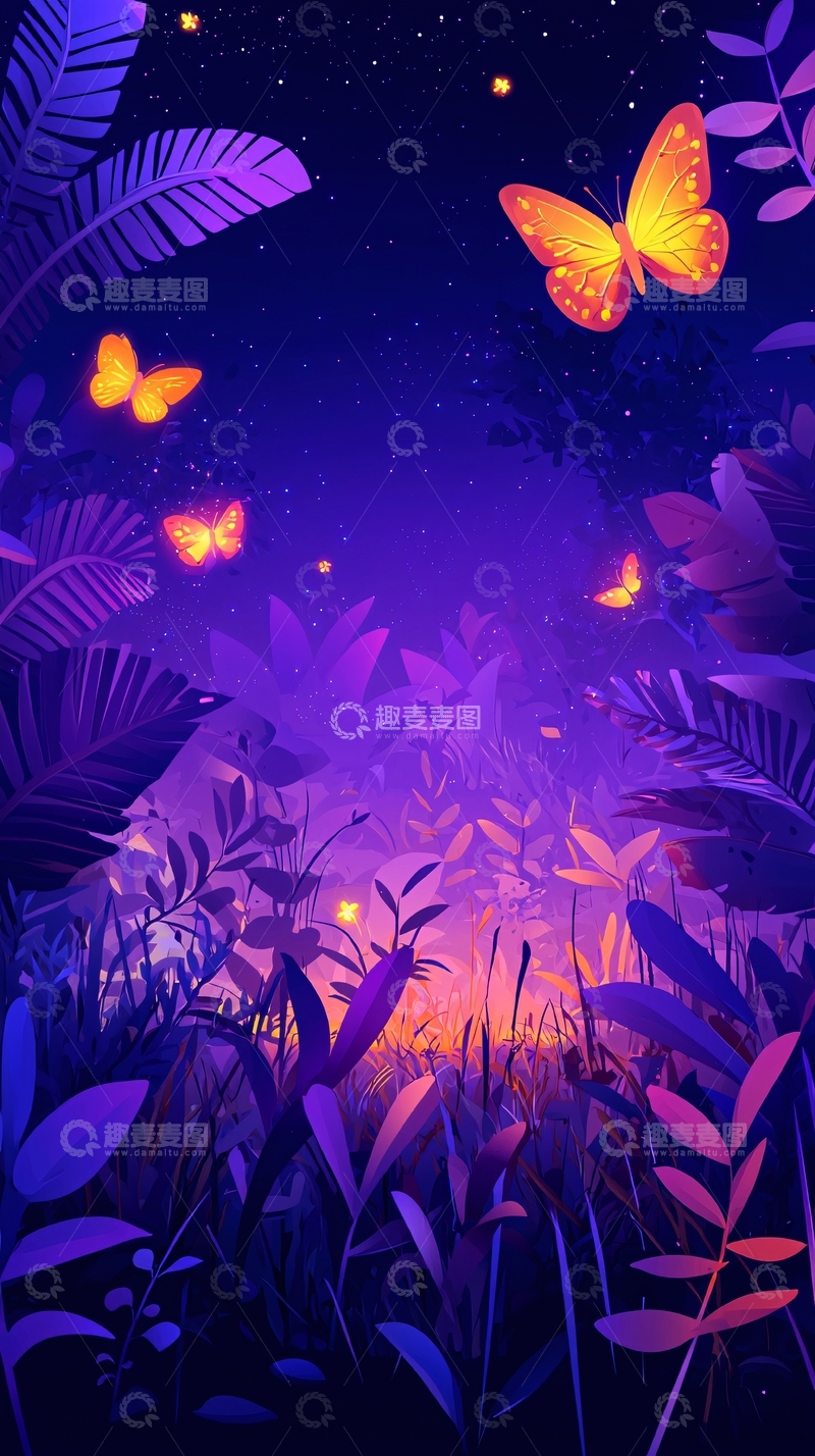 高清大图下载【趣麦麦图】夜晚萤火虫蝴蝶