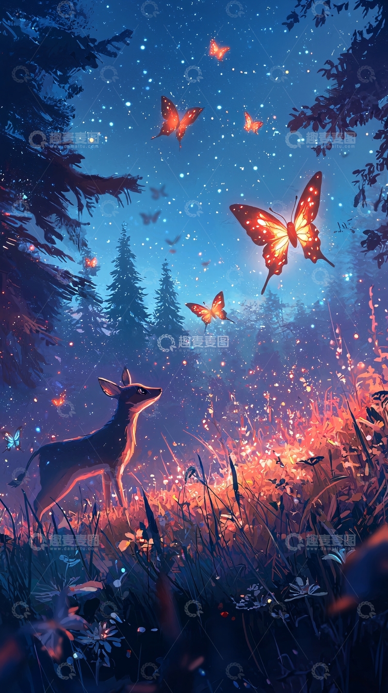 高清大图下载【趣麦麦图】夜晚森林小鹿萤火蝴蝶
