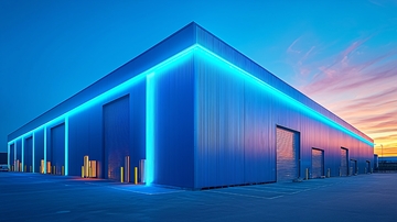 蓝色灯光照亮的现代仓库