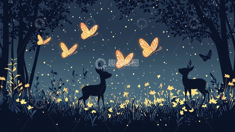 高清大图下载【趣麦麦图】夜空森林鹿与萤火虫