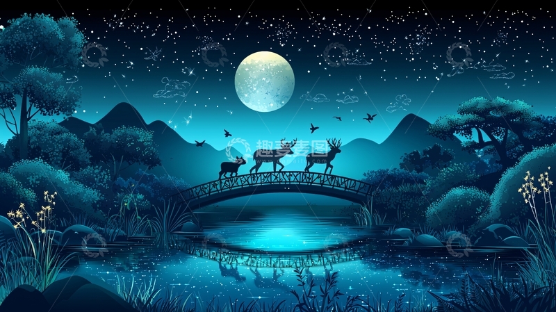 高清大图下载【趣麦麦图】月光下的森林小桥