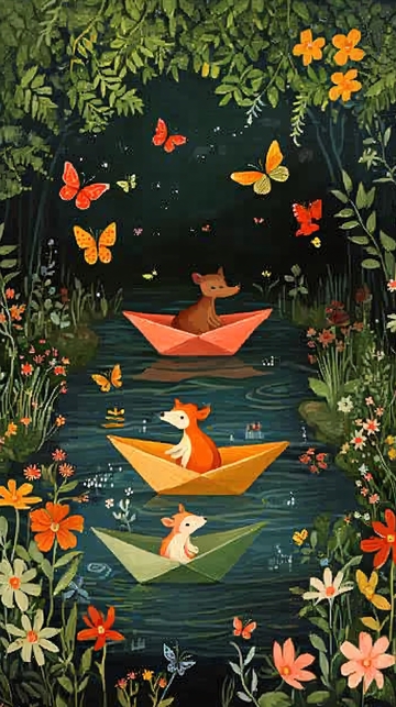 森林小溪纸船动物