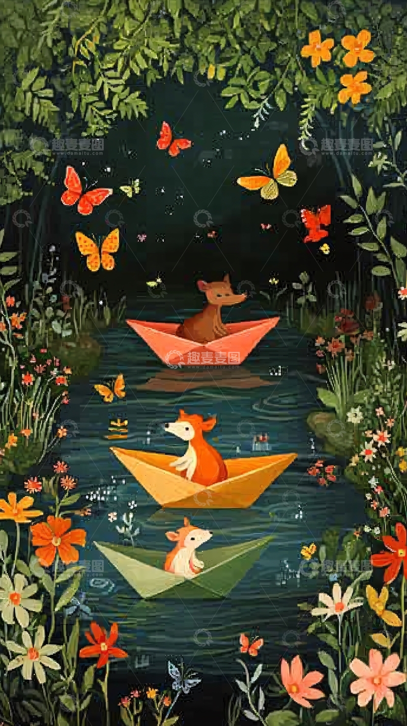 高清大图下载【趣麦麦图】森林小溪纸船动物