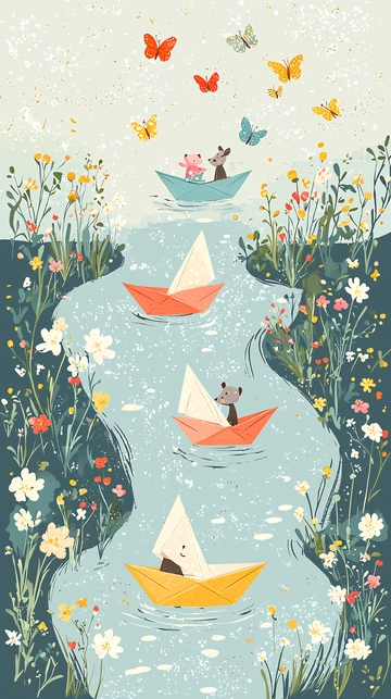 小动物乘纸船航行