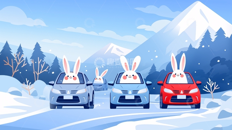 高清大图下载【趣麦麦图】雪山背景下兔子开车的卡通图