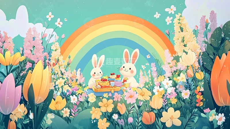 高清大图下载【趣麦麦图】彩虹下兔子野餐图