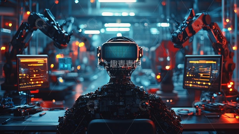 高清大图下载【趣麦麦图】未来工厂里的机器人戴着VR眼镜
