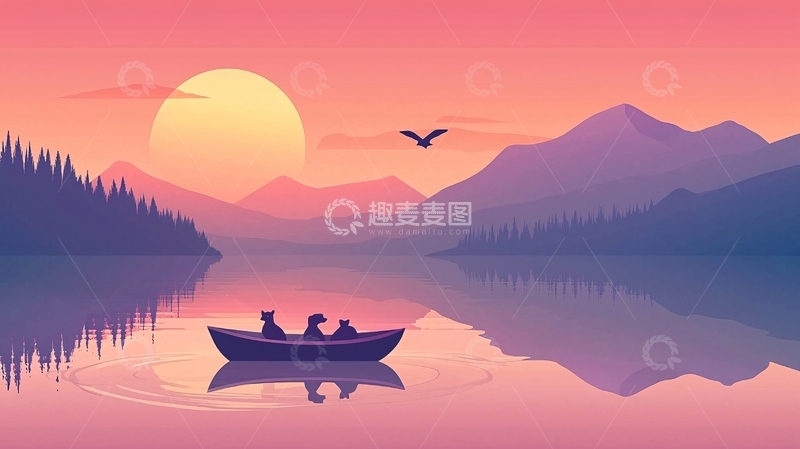 高清大图下载【趣麦麦图】平静湖面落日余晖