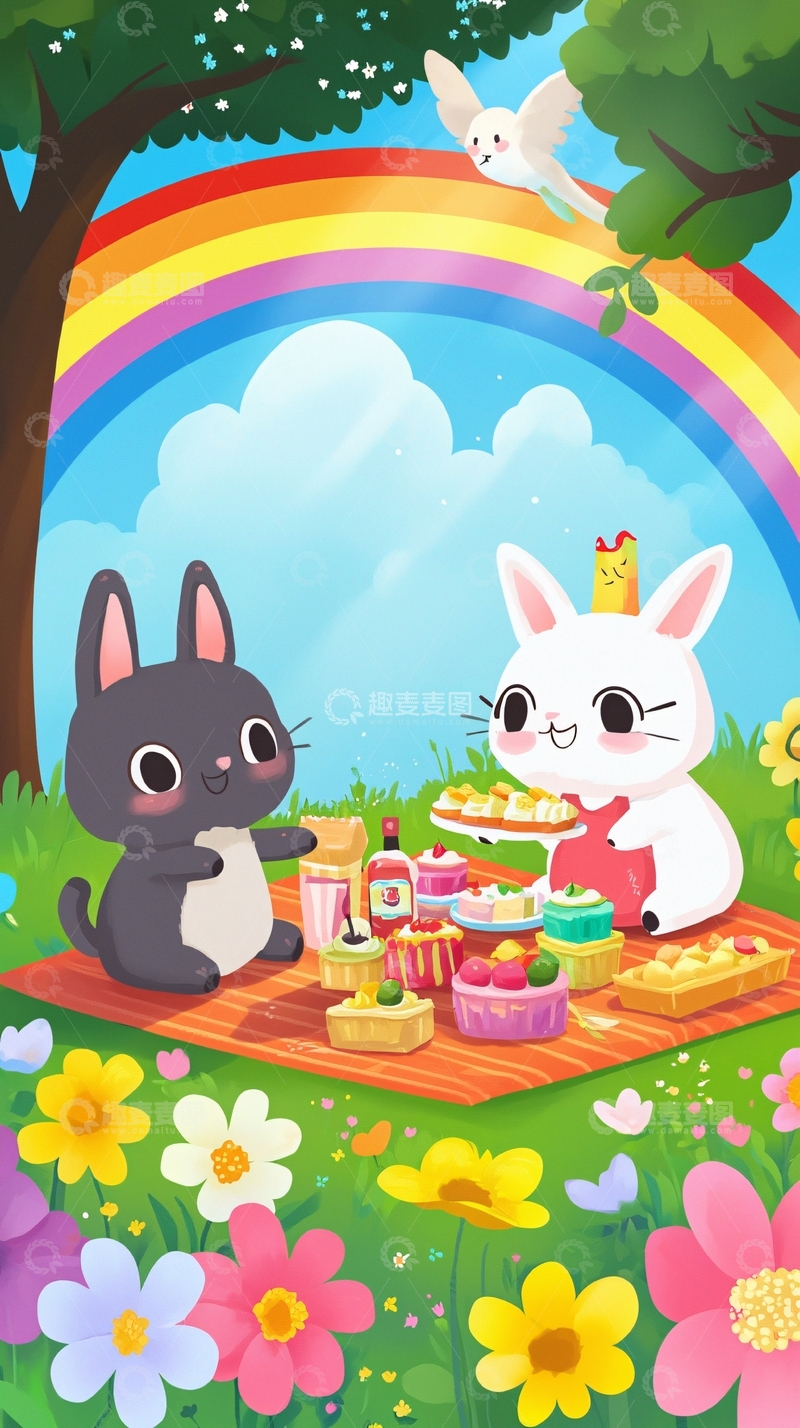高清大图下载【趣麦麦图】彩虹下野餐的兔子