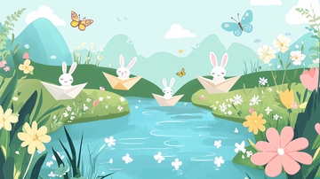 小兔子纸船河边游玩