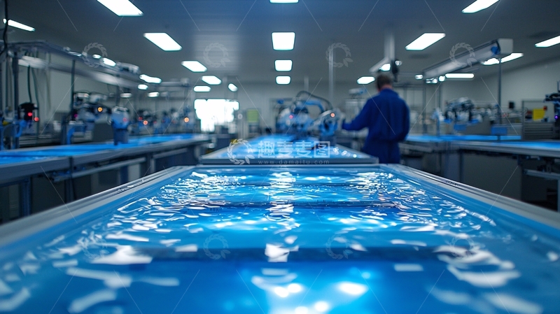 高清大图下载【趣麦麦图】蓝色液体在工业流水线上