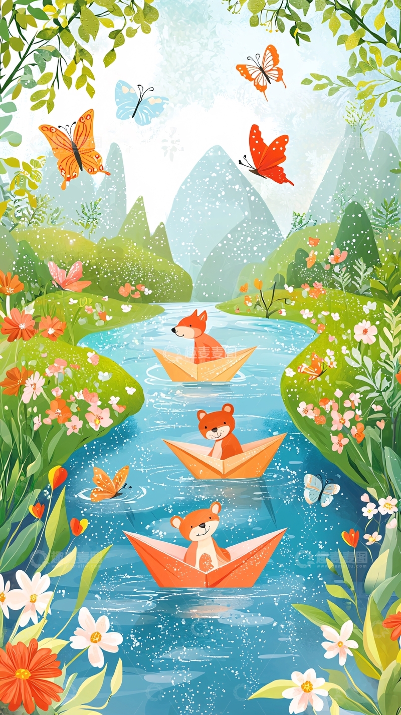 高清大图下载【趣麦麦图】-森林小溪狐狸纸船